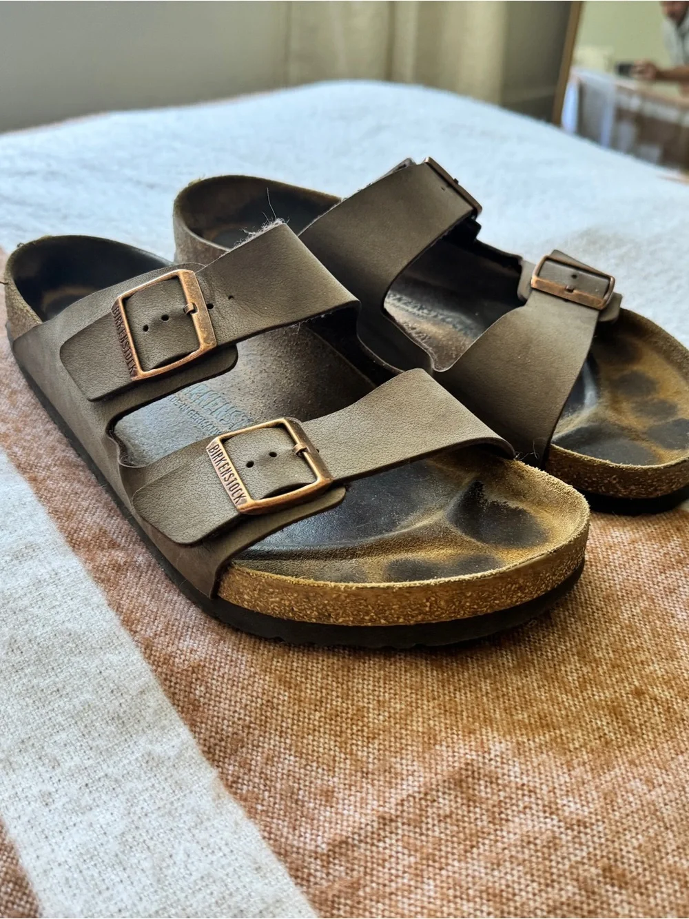 Birkenstock Arizona Two-Strap Sandals in Olive Brown with Brass Buckles